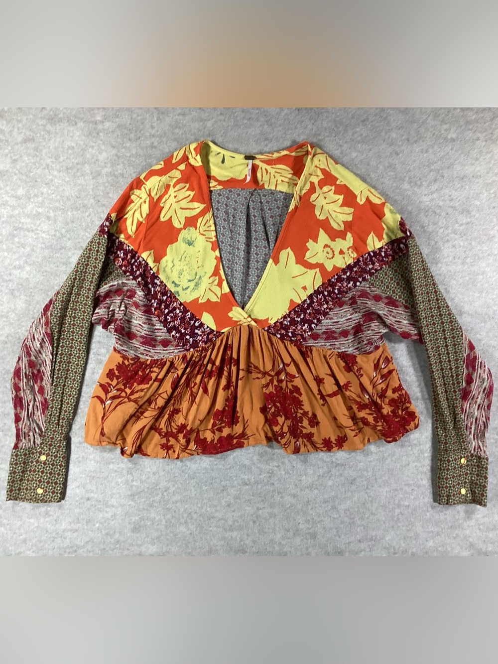 Free People Multicolor Patchwork V-Neck Cropped Blouse in Orange & Yellow